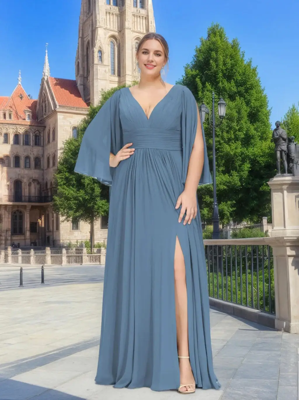 A-Line/Princess Deep V-Neck Long Sleeves Floor-Length Unique Plus Size Bridesmaid Dresses with Split Side & Ruffles — view 1