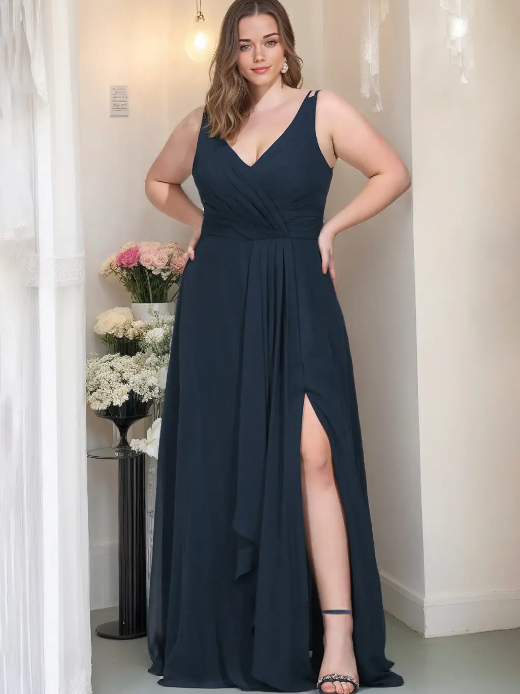 A-Line/Princess V-Neck Sleeveless Unique Chiffon Floor-Length Plus Size Bridesmaid Dresses with Ruffles — view 1
