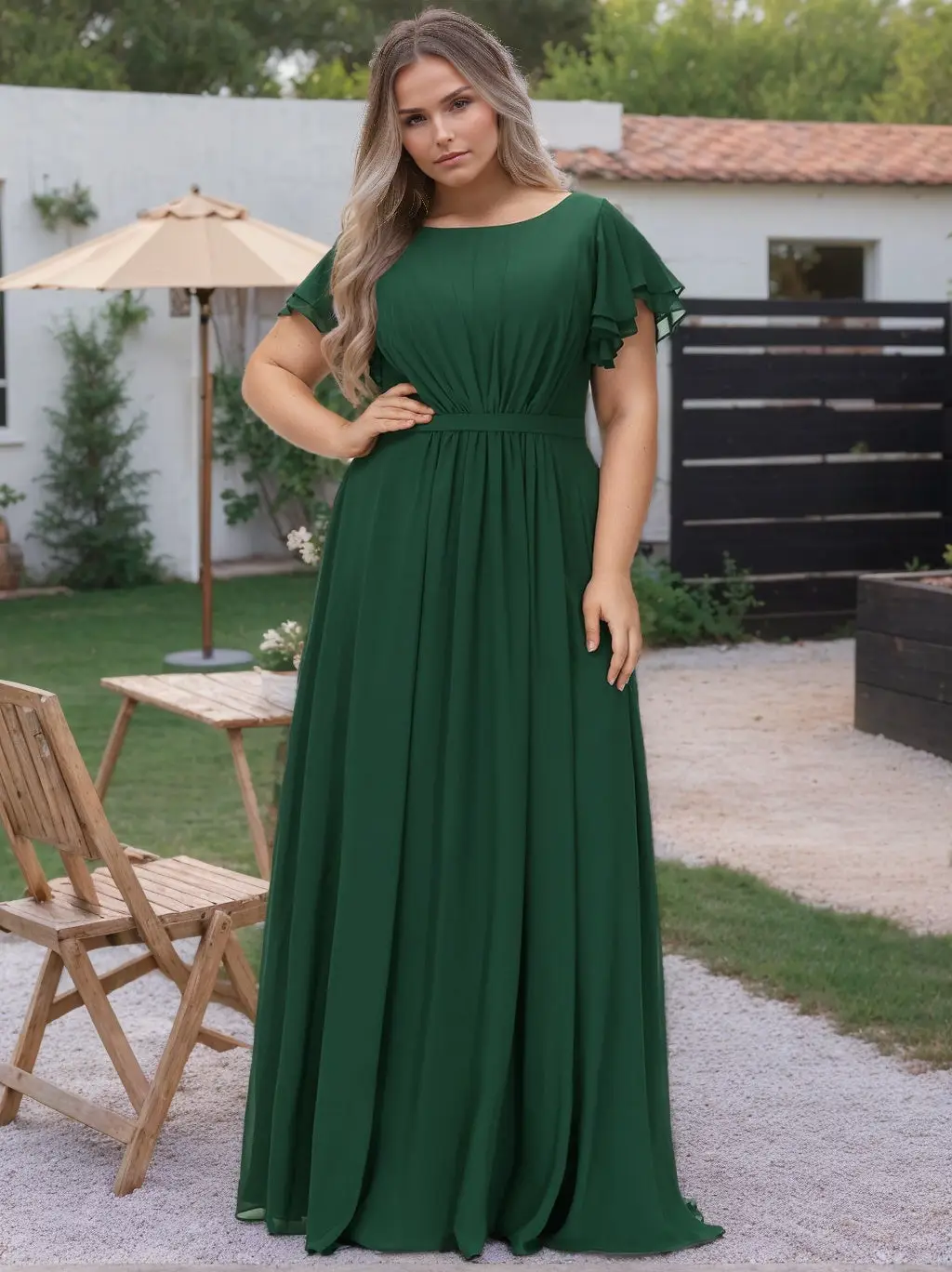A-Line/Princess Scoop Neck Short Sleeves Floor-Length Plus Size Bridesmaid Dress With Ruffles — view 1