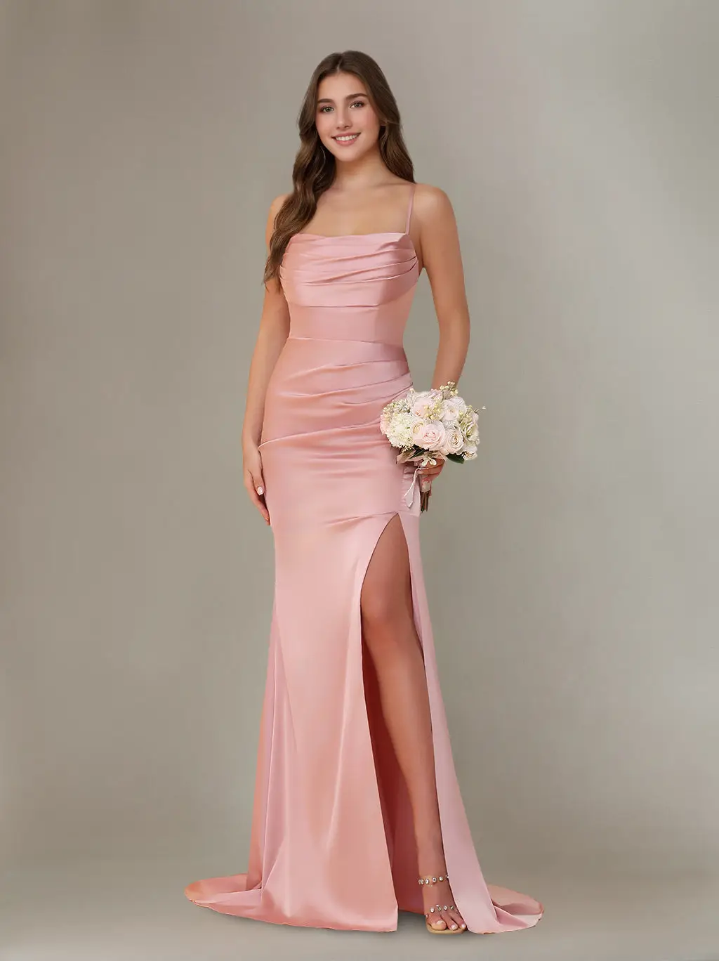 Sheath/Column Spaghetti Straps Sleeveless Floor-Length Silk Satin Bridesmaid Dresses with Ruffles & Split Side — view 1