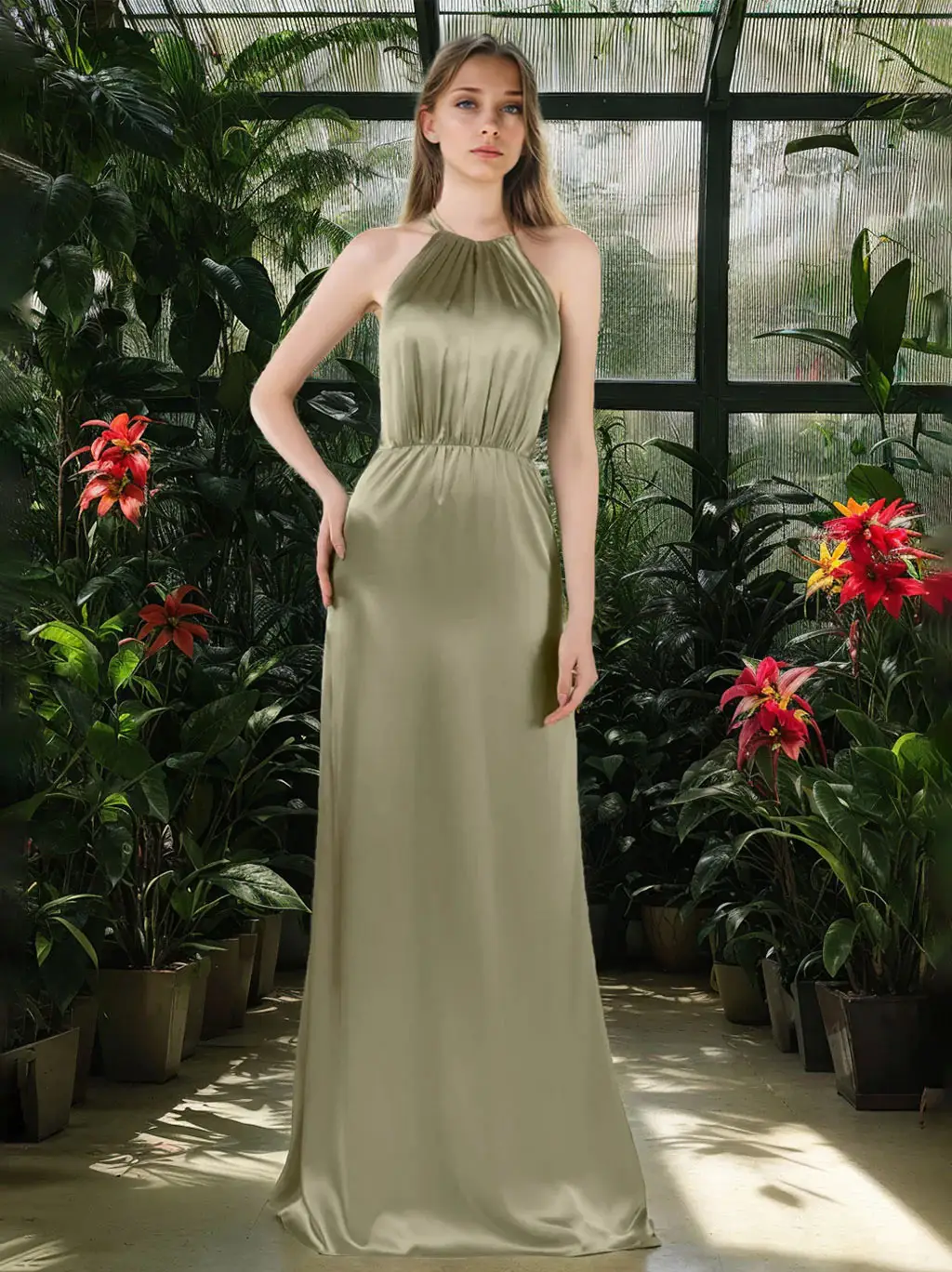 A-Line/Princess Halter Sleeveless Floor-Length Bridesmaid Dresses with Ruffles — view 1