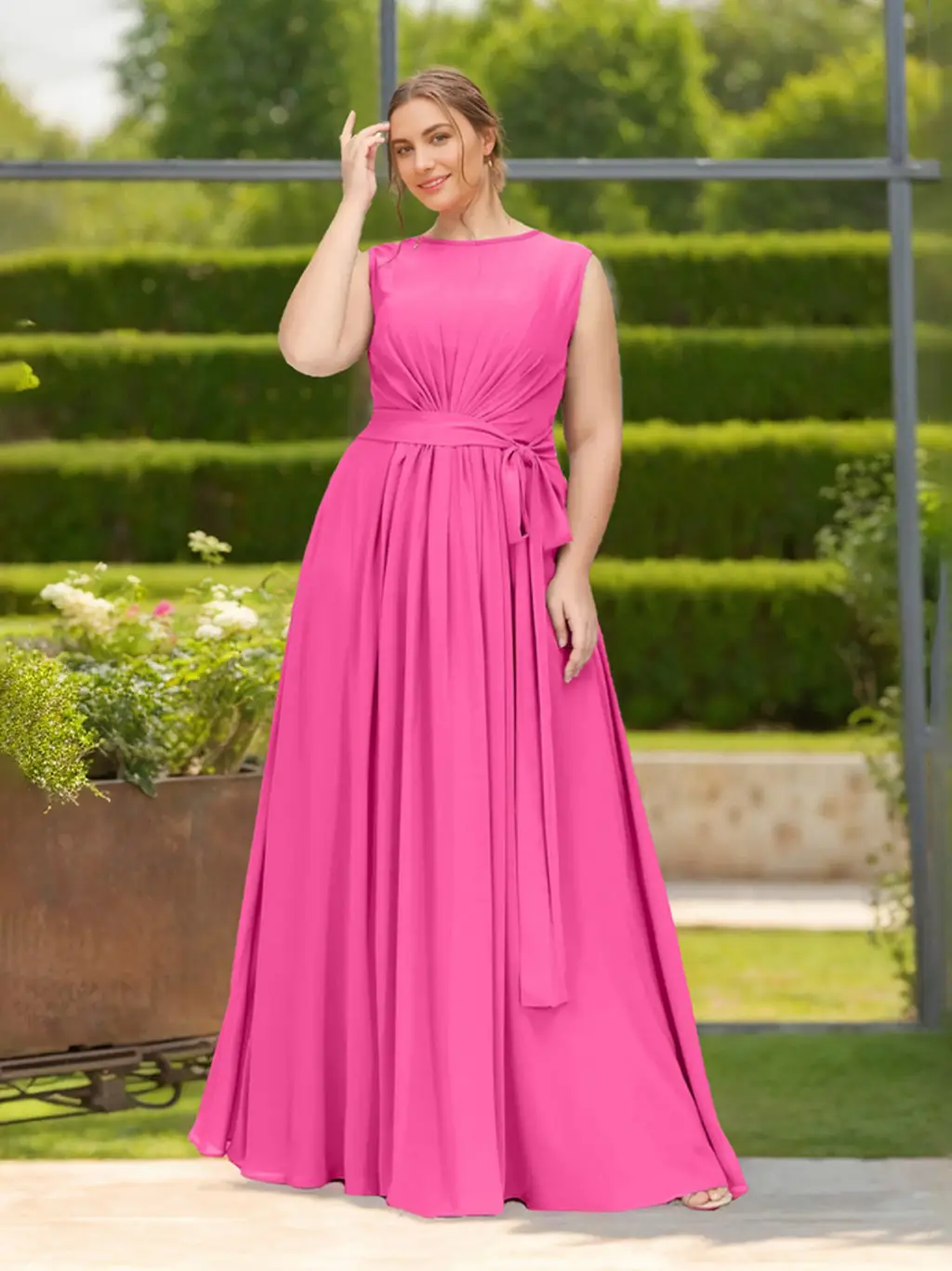 A-Line/Princess Scoop Neck Sleeveless Floor-Length Chiffon Plus Size Bridesmaid Dress with Ruffles & Bowknot — view 1