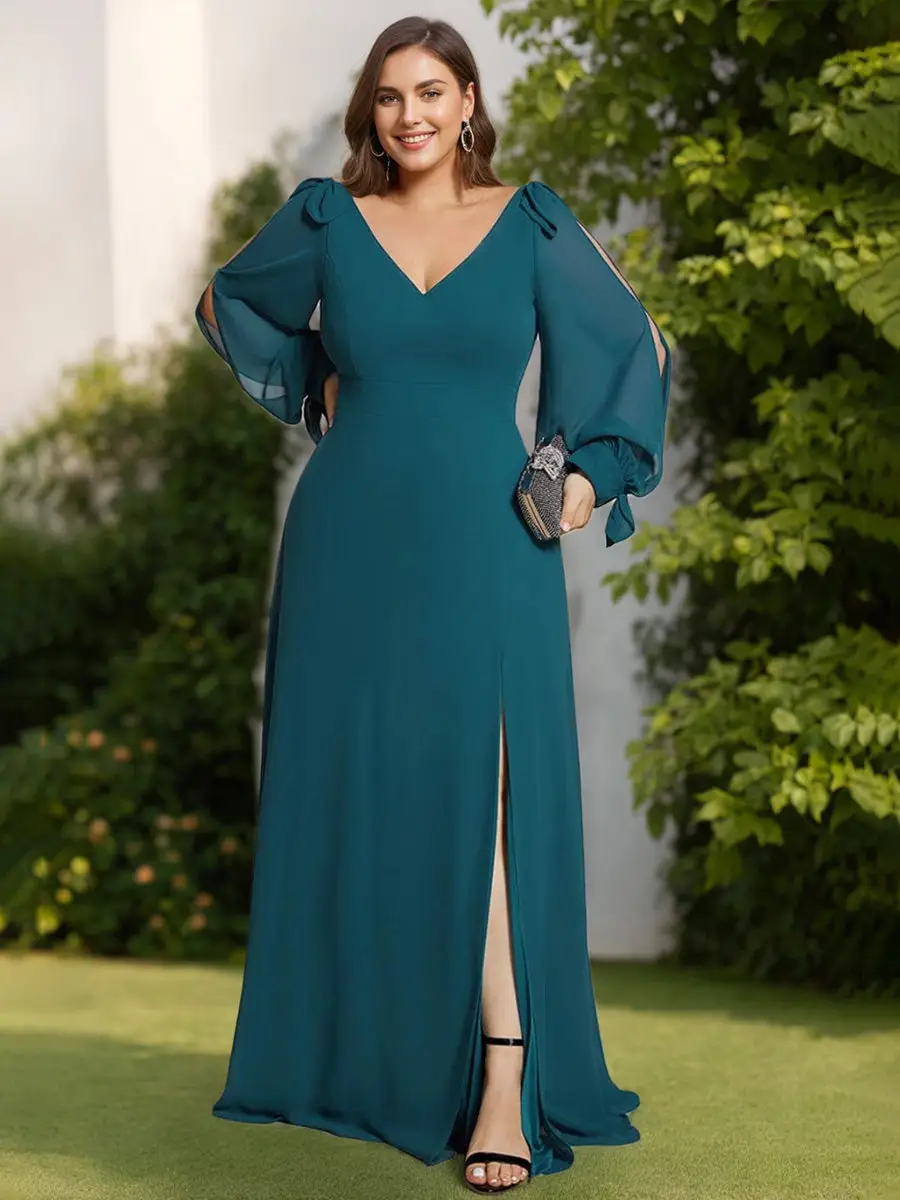A-Line/Princess Deep V-Neck Long Sleeves Floor-Length Plus Size Bridesmaid Dresses with Split Side — view 1