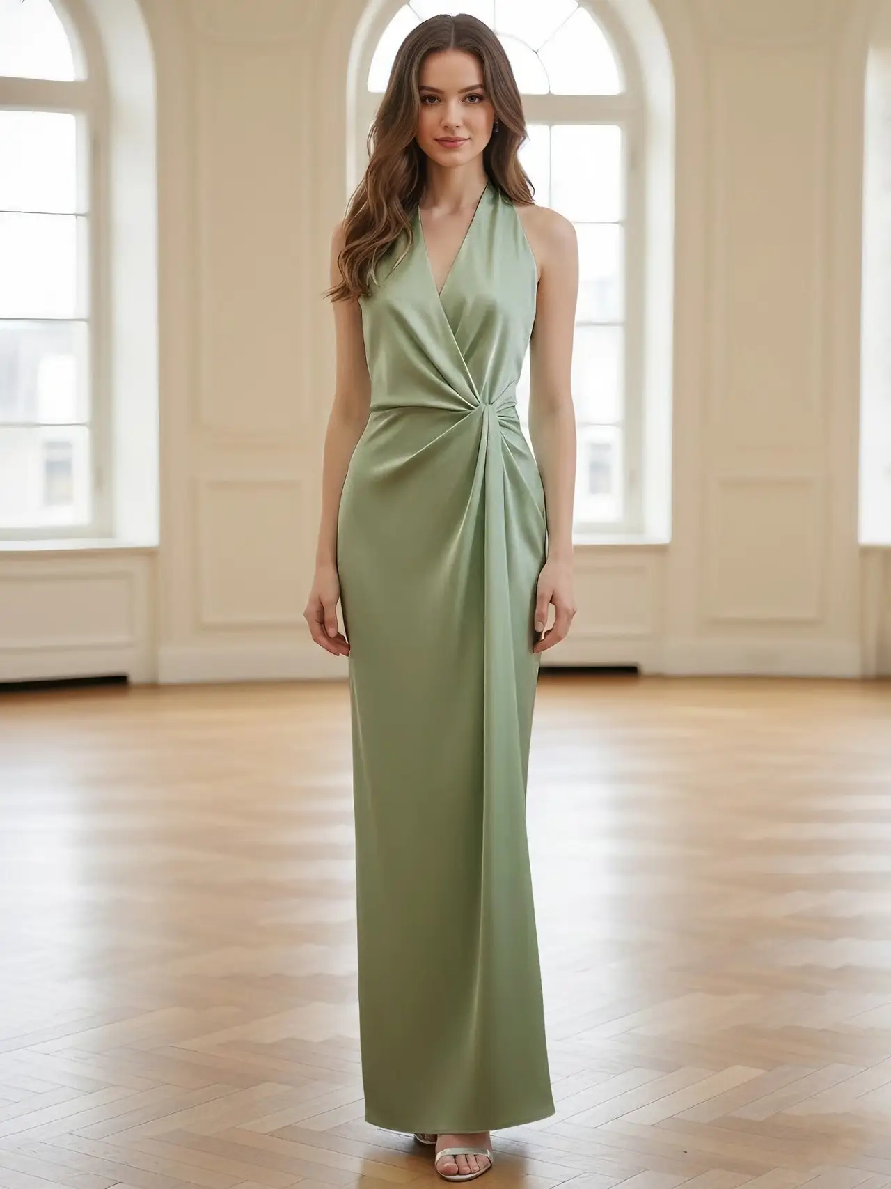 Sheath/Column Halter Silk Satin Bridesmaid Dresses Sleeveless Floor-Length Ruched — view 1