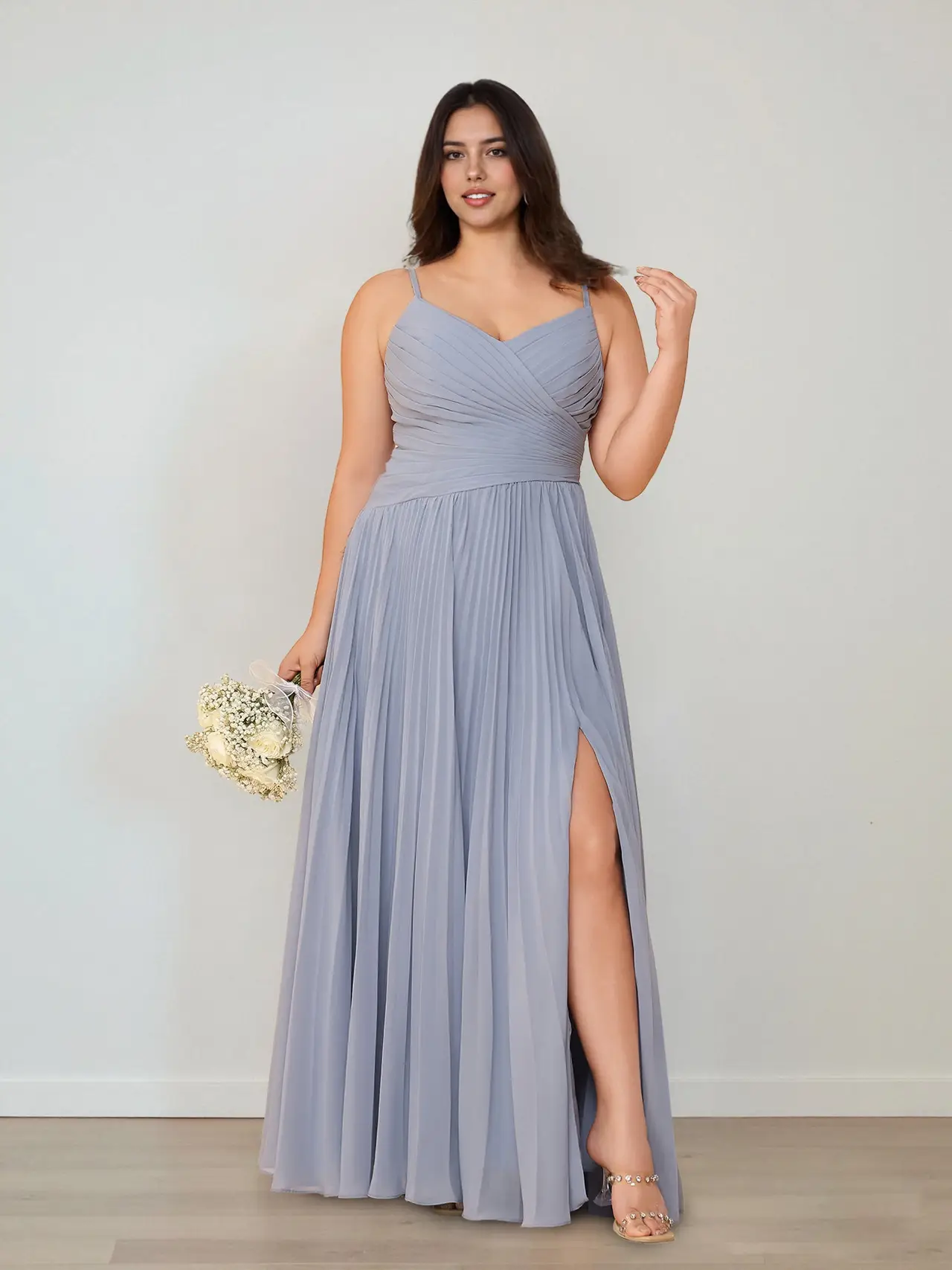 A-Line/Princess V-Neck Spaghetti Straps Sleeveless Floor-Length Plus Size Bridesmaid Dresses with Ruffles & Split Side — view 1