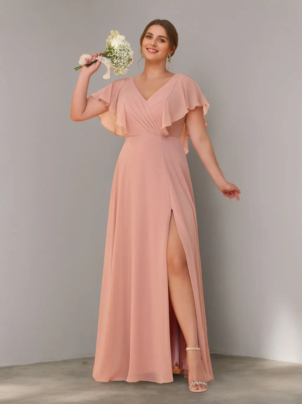 A-Line/Princess V-Neck Short Sleeves Chiffon Floor-Length Plus Size Bridesmaid Dresses with Split Side & Ruched — view 1