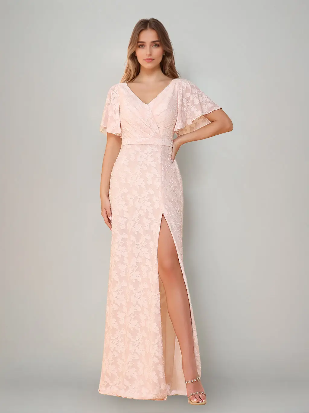 A-Line/Princess V-Neck Short Sleeves Floor-Length Bridesmaid Dresses with Split Side & Ruched — view 1