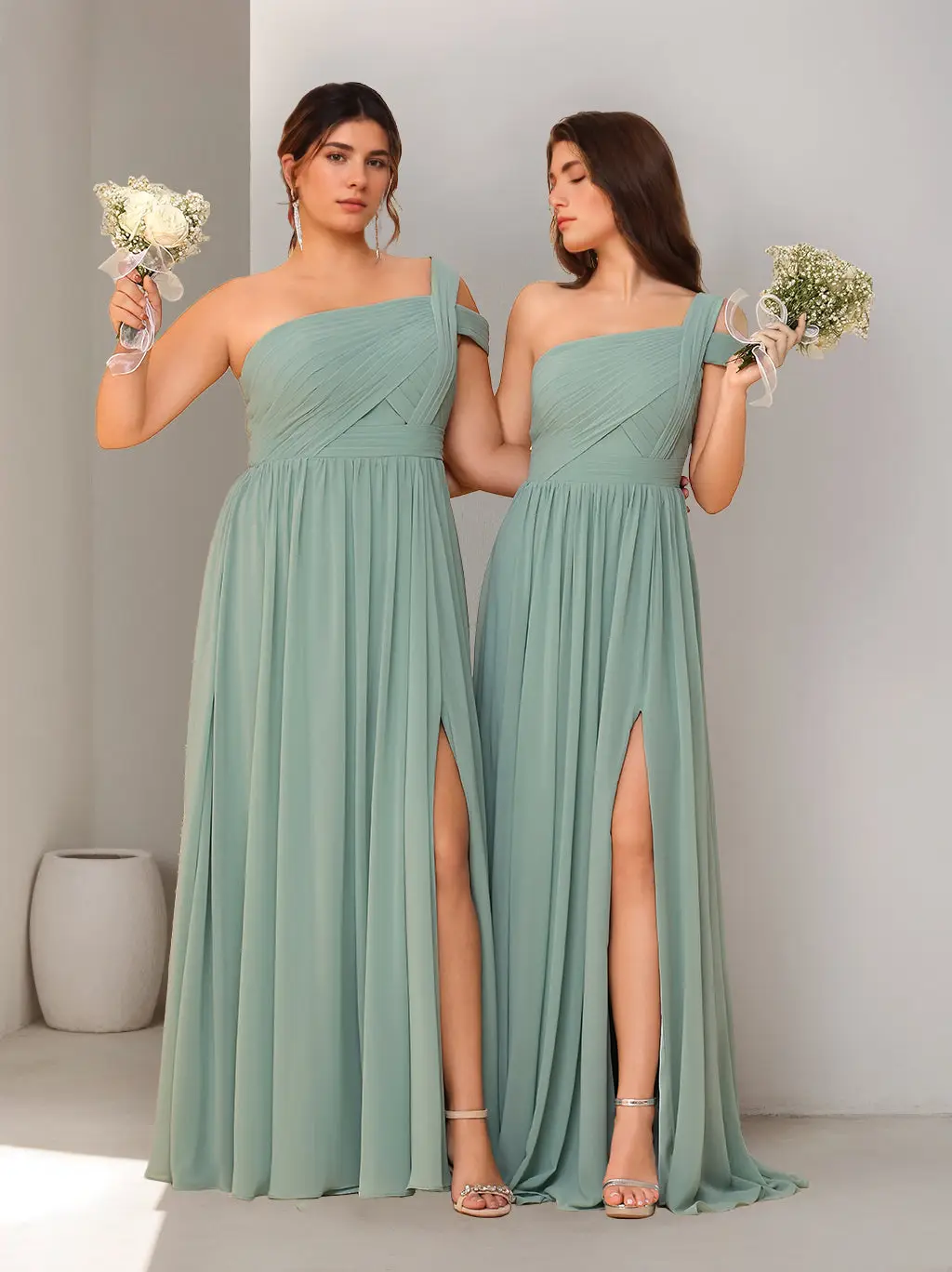 A-Line/Princess One-Shoulder Sleeveless Floor-Length Bridesmaid Dresses with Split Side & Ruched — view 1