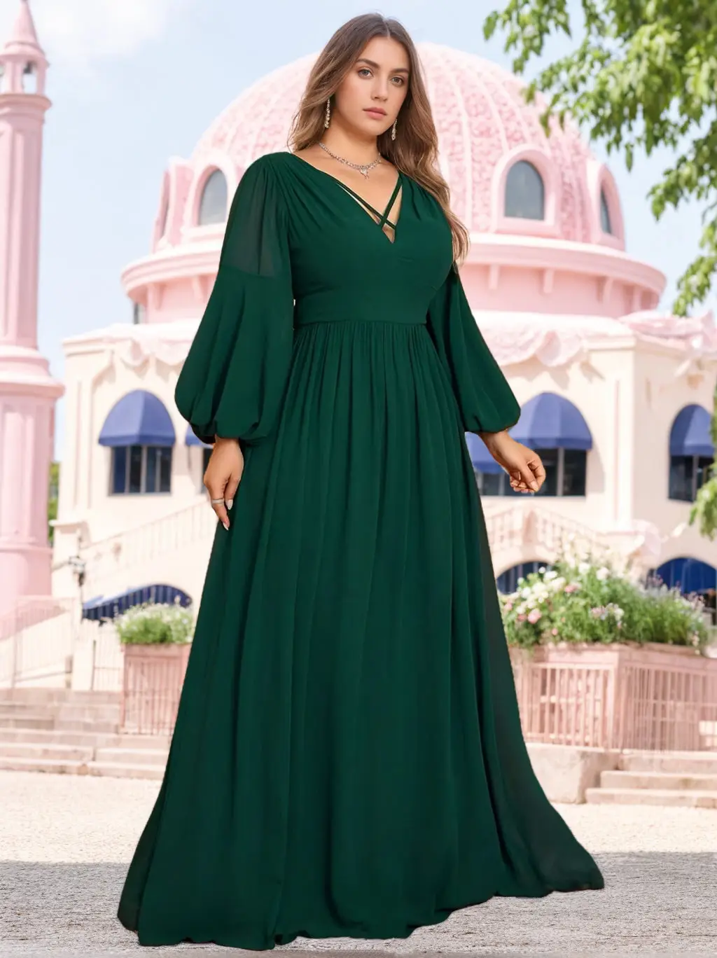 A-Line/Princess V-Neck Long Sleeves Floor-Length Plus Size Bridesmaid Dresses with Ruffles — view 1