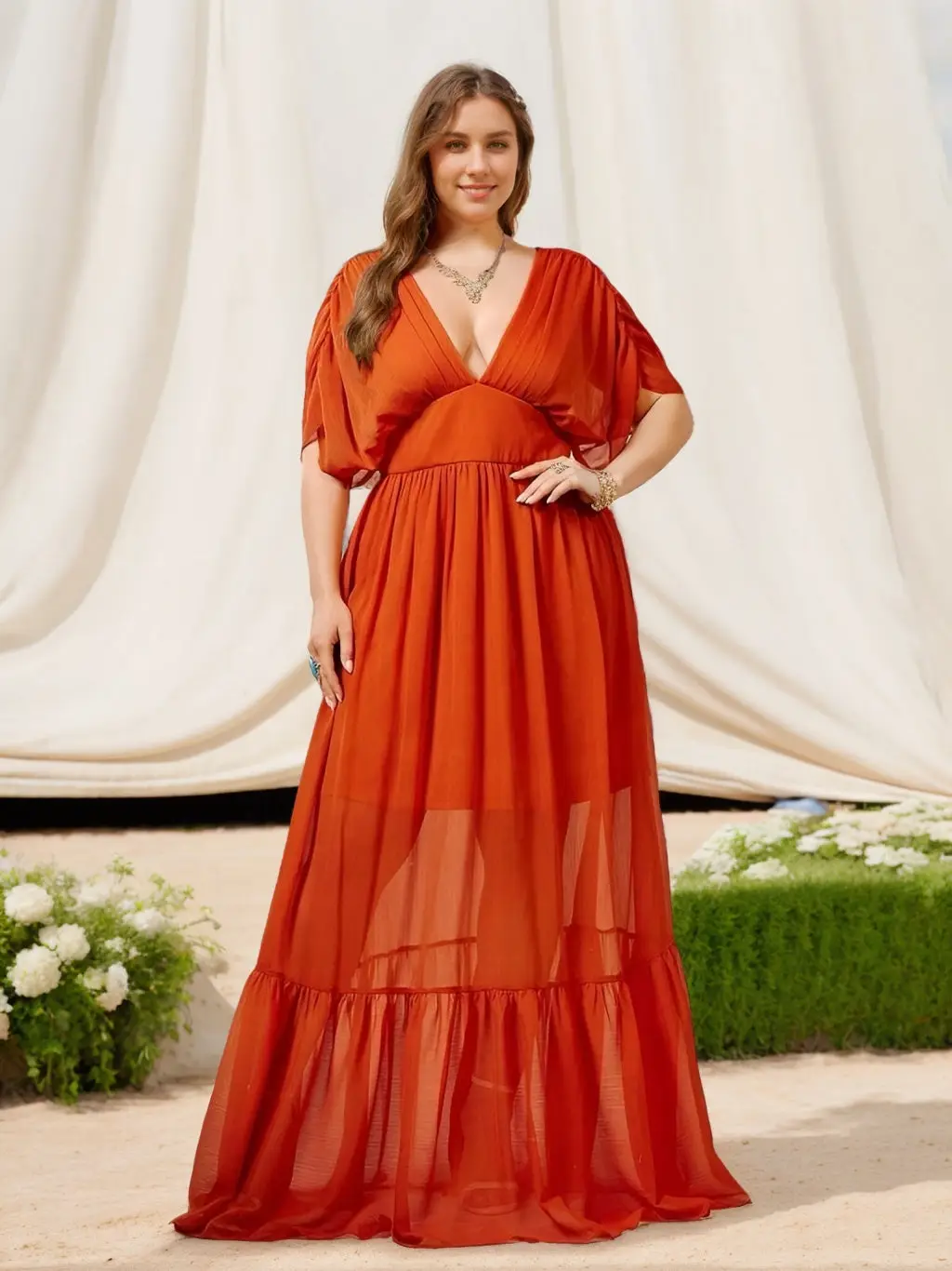 A-Line/Princess Deep V-Neck Half Sleeves Floor-Length Plus Size Bridesmaid Dresses with Ruffles — view 1