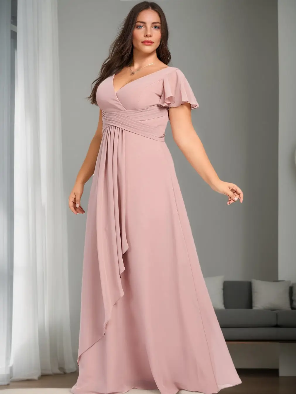 A-Line/Princess V-Neck Short Sleeves Floor-Length Unique Plus Size Bridesmaid Dresses with Ruffles — view 1
