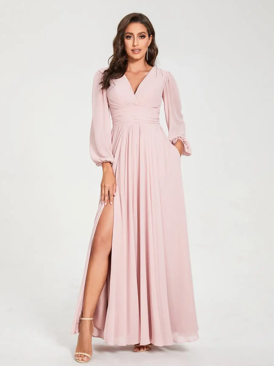 A-Line/Princess V-Neck Long Sleeves Floor-Length Bridesmaid Dresses with Pockets & Split Side — view 1