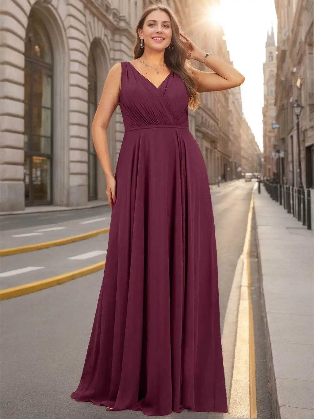 A-Line/Princess V-Neck Sleeveless Floor-Length Chiffon Unique Plus Size Bridesmaid Dresses with Ruffles — view 1