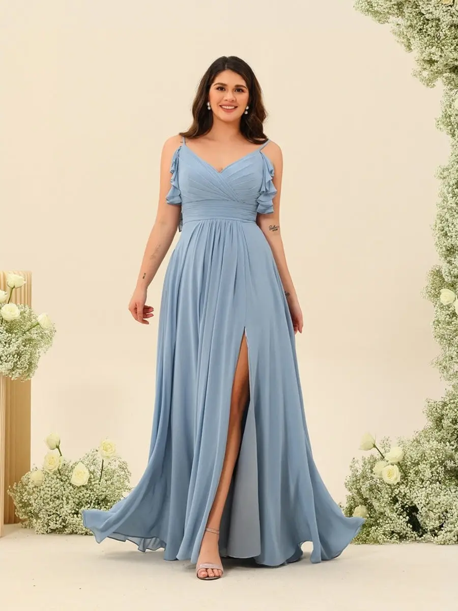 A-Line/Princess Spaghetti Straps Plus Size Ruched Long Bridesmaid Dresses with Split Side — view 1