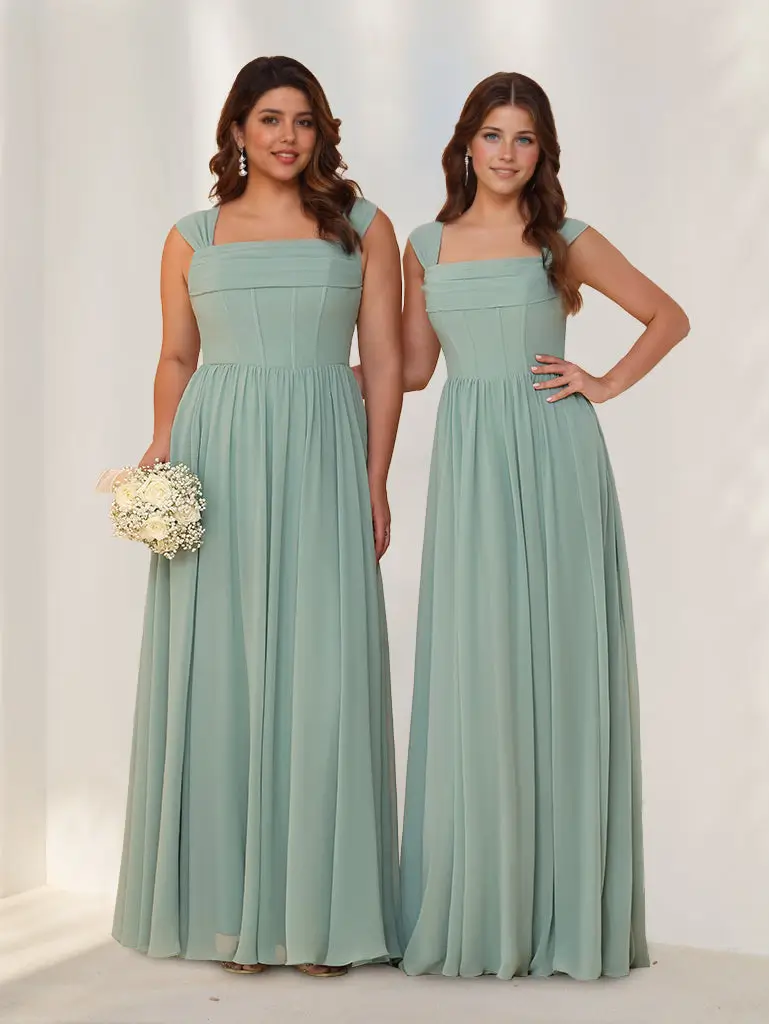 A-Line/Princess Square Neck Sleeveless Floor-Length Chiffon Bridesmaid Dresses with Pleats — view 1