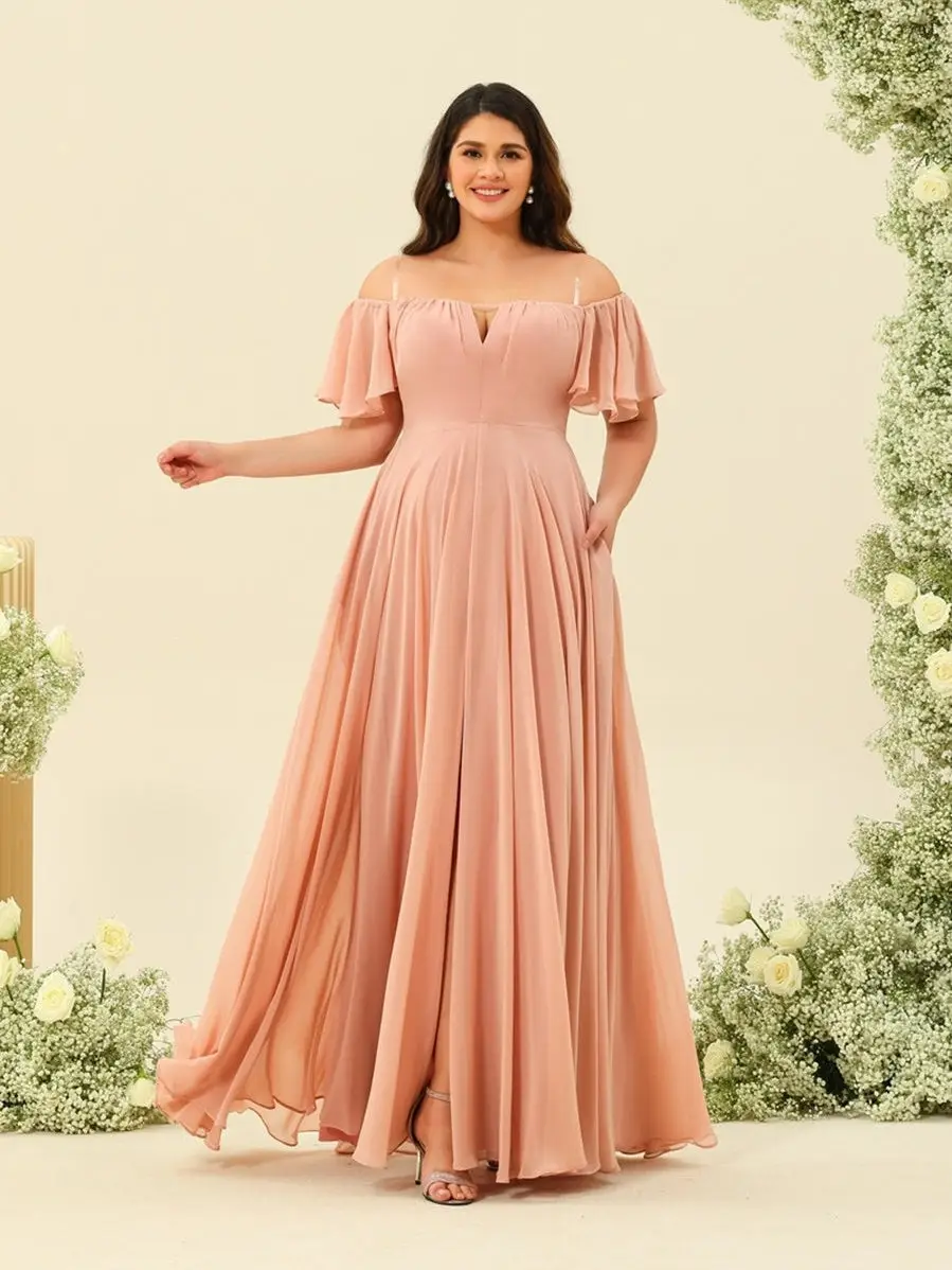 A-Line/Princess Floor-Length Off-the-Shoulder Plus Size Bridesmaid Dresses — view 1