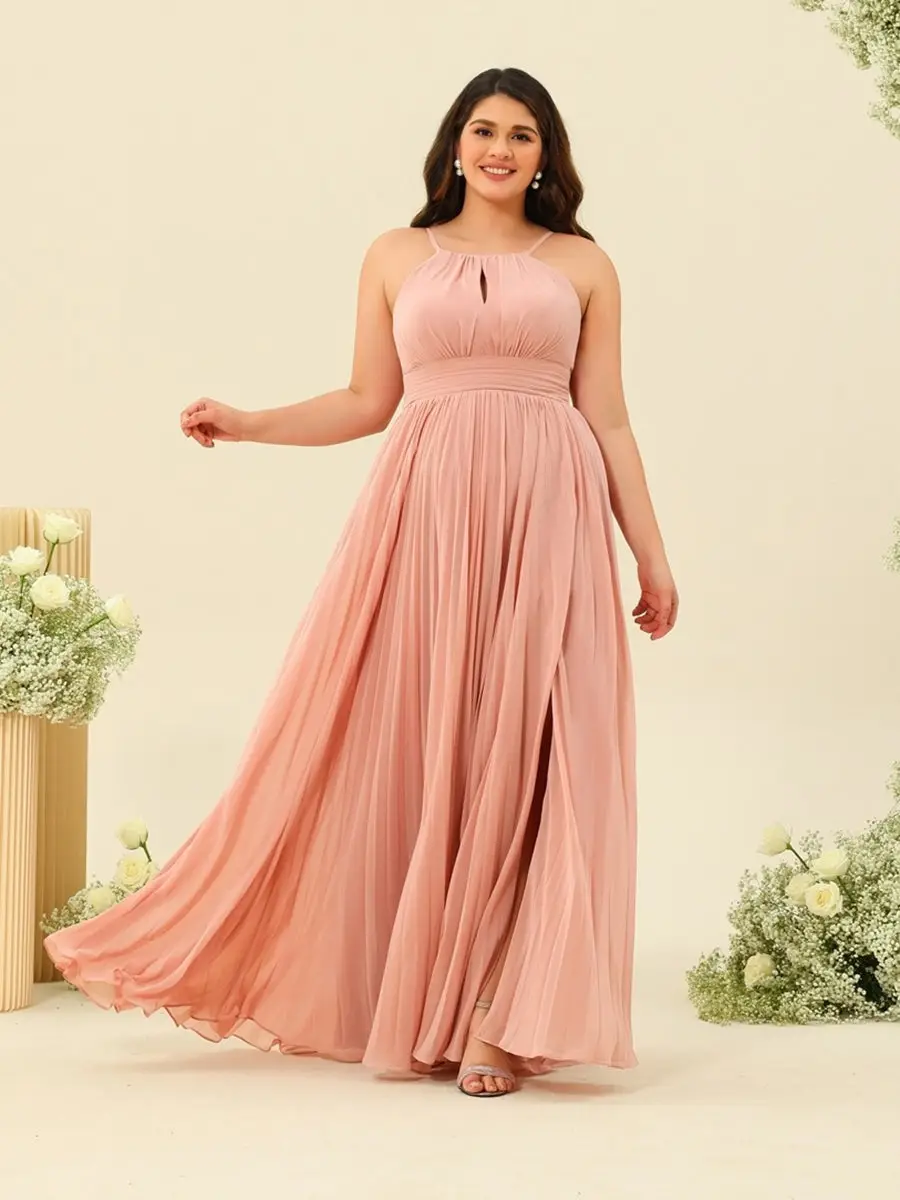 A-Line/Princess Halter Plus Size Long Bridesmaid Dresses with Split Side & Ruffles — view 1