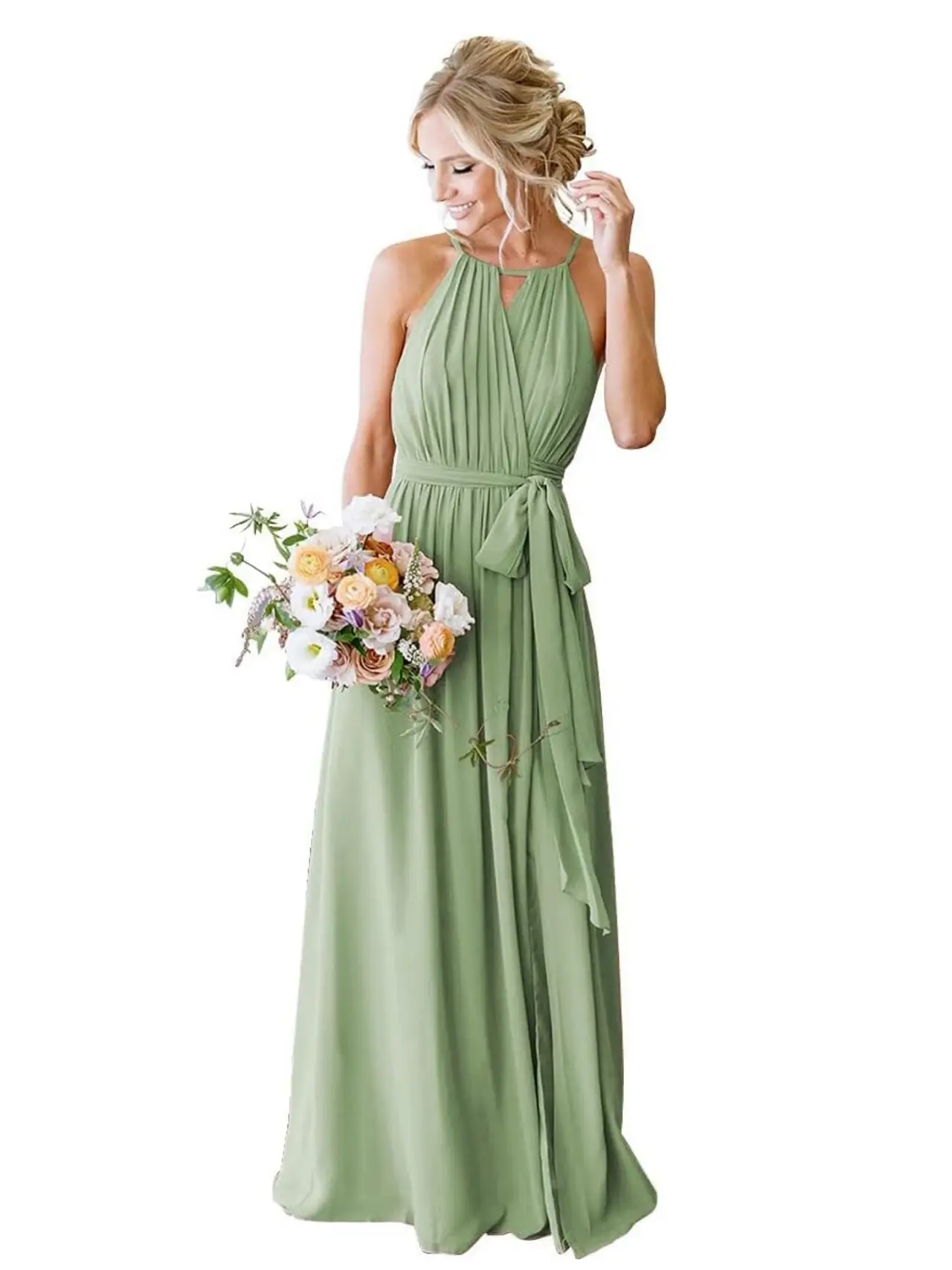 A-Line/Princess Halter Sleeveless Spaghetti Floor-Length Bridesmaid Dresses with Pockets — view 1