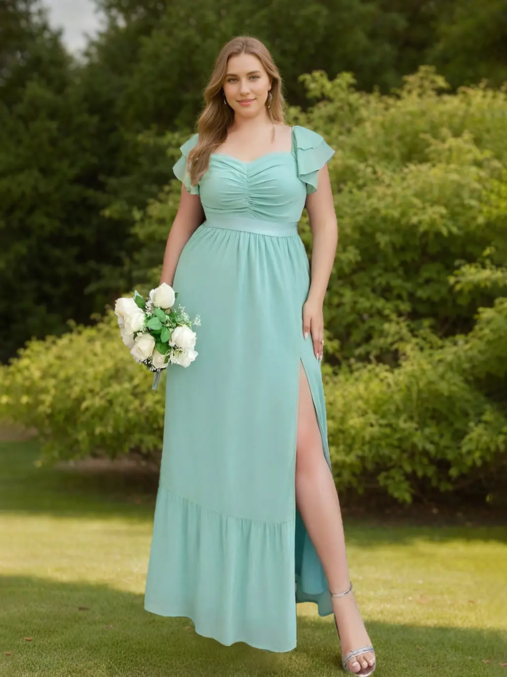 A-Line/Princess Sweetheart Neck Short Sleeves Floor-Length Plus Size Bridesmaid Dresses with Split Side & Ruffles — view 1
