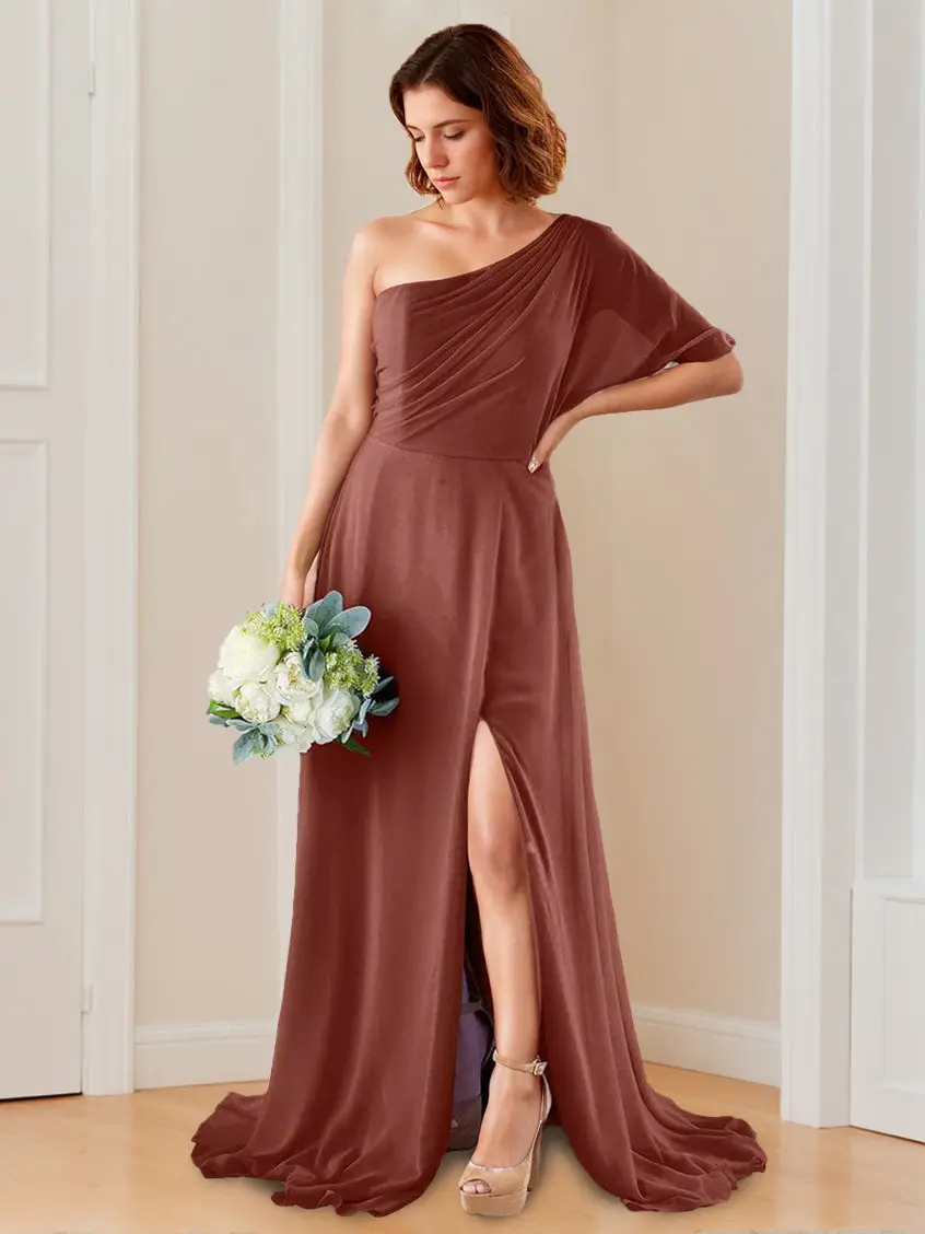A-Line/Princess One-Shoulder Floor-Length Bridesmaid Dresses with Split Side — view 1