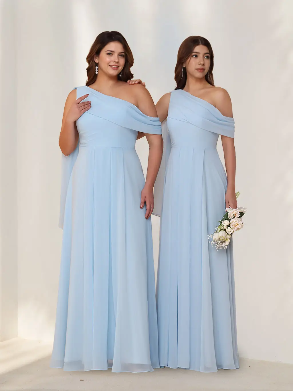 A-Line/Princess One-Shoulder Sleeveless Floor-Length Chiffon Plus Size Bridesmaid Dresses with Watteau Train — view 1
