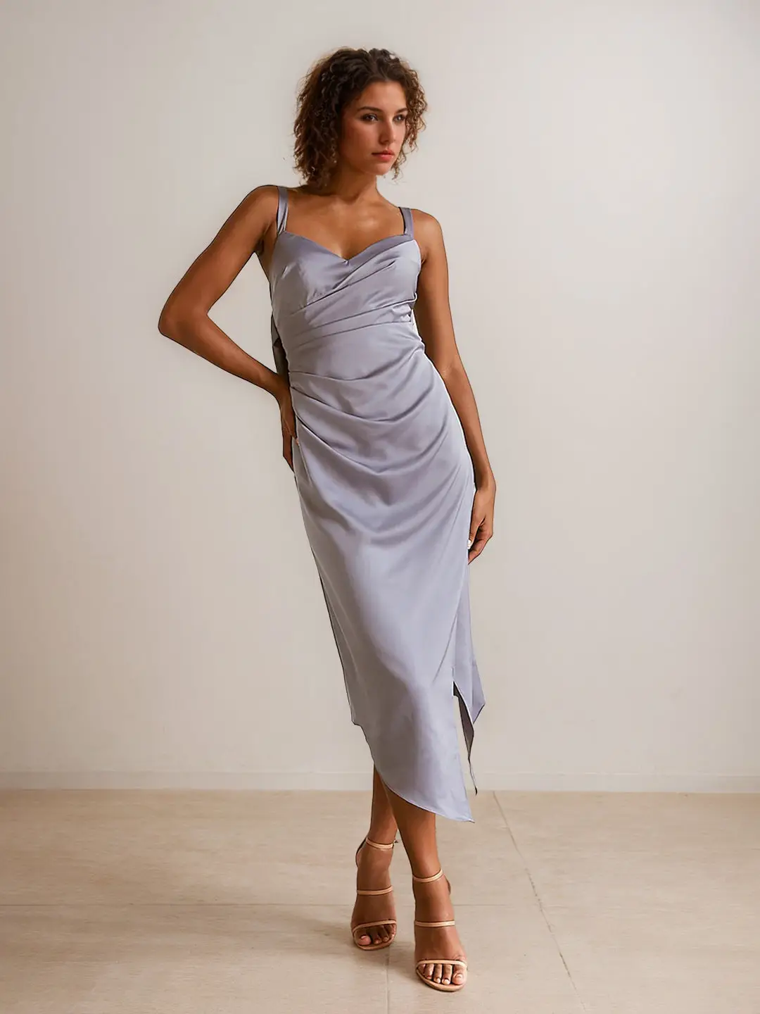 Sheath/Column Sweetheart Sleeveless Ruched Asymmetrical Bridesmaid Dresses with Slit & Cowl Back — view 1