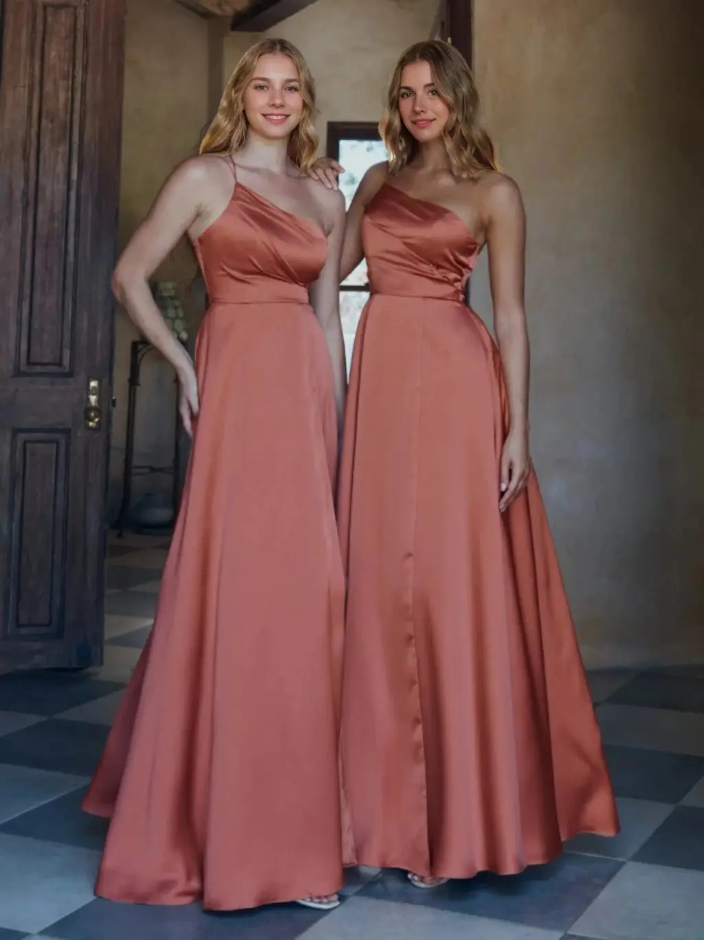 A-Line/Princess One-Shoulder Sleeveless Floor-Length Silk Satin Bridesmaid Dresses — view 1
