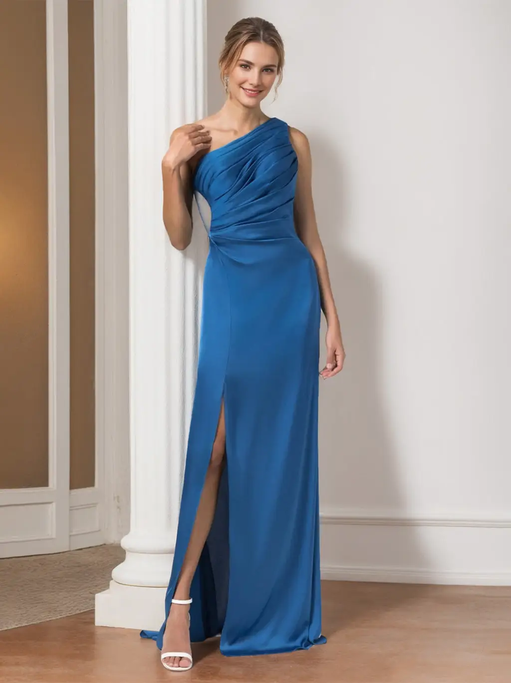 A-Line/Princess One-Shoulder Sleeveless Floor-Length Chiffon Bridesmaid Dresses with Split Side & Ruffles — view 1