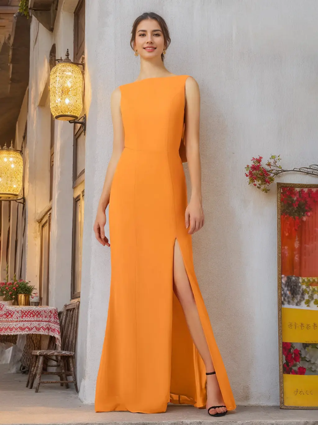 A-Line/Princess Round Neck Sleeveless Floor-Length Bridesmaid Dresses with Split Side — view 1