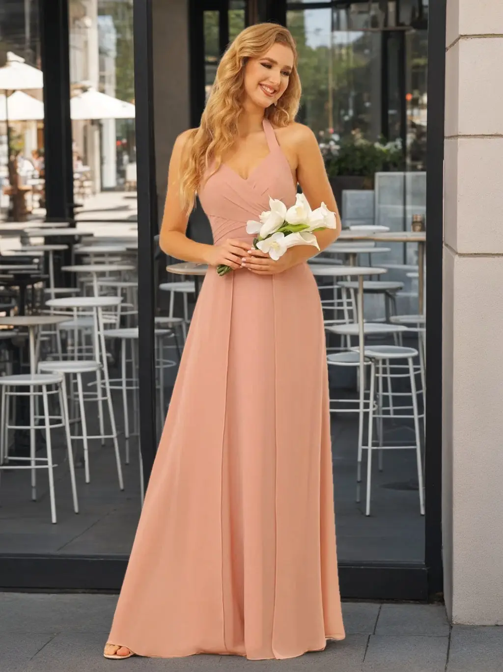 A-Line/Princess Halter Sleeveless Floor-Length Bridesmaid Dresses with Split Side — view 1