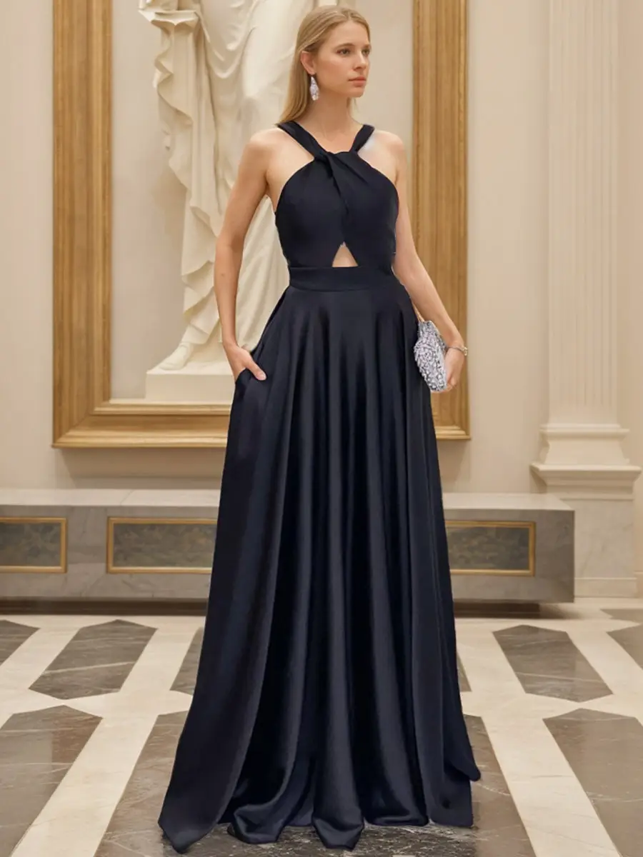 A-Line/Princess Halter Sleeveless Floor Length Sexy Bridesmaid Dresses with Opened Back — view 1
