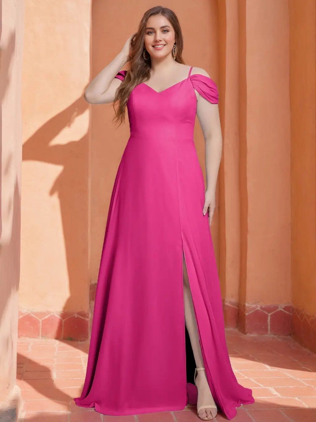 A-Line/Princess Spaghetti Straps V-Neck Sleeveless Floor-Length Plus Size Chiffon Bridesmaid Dresses with Split Side — view 1