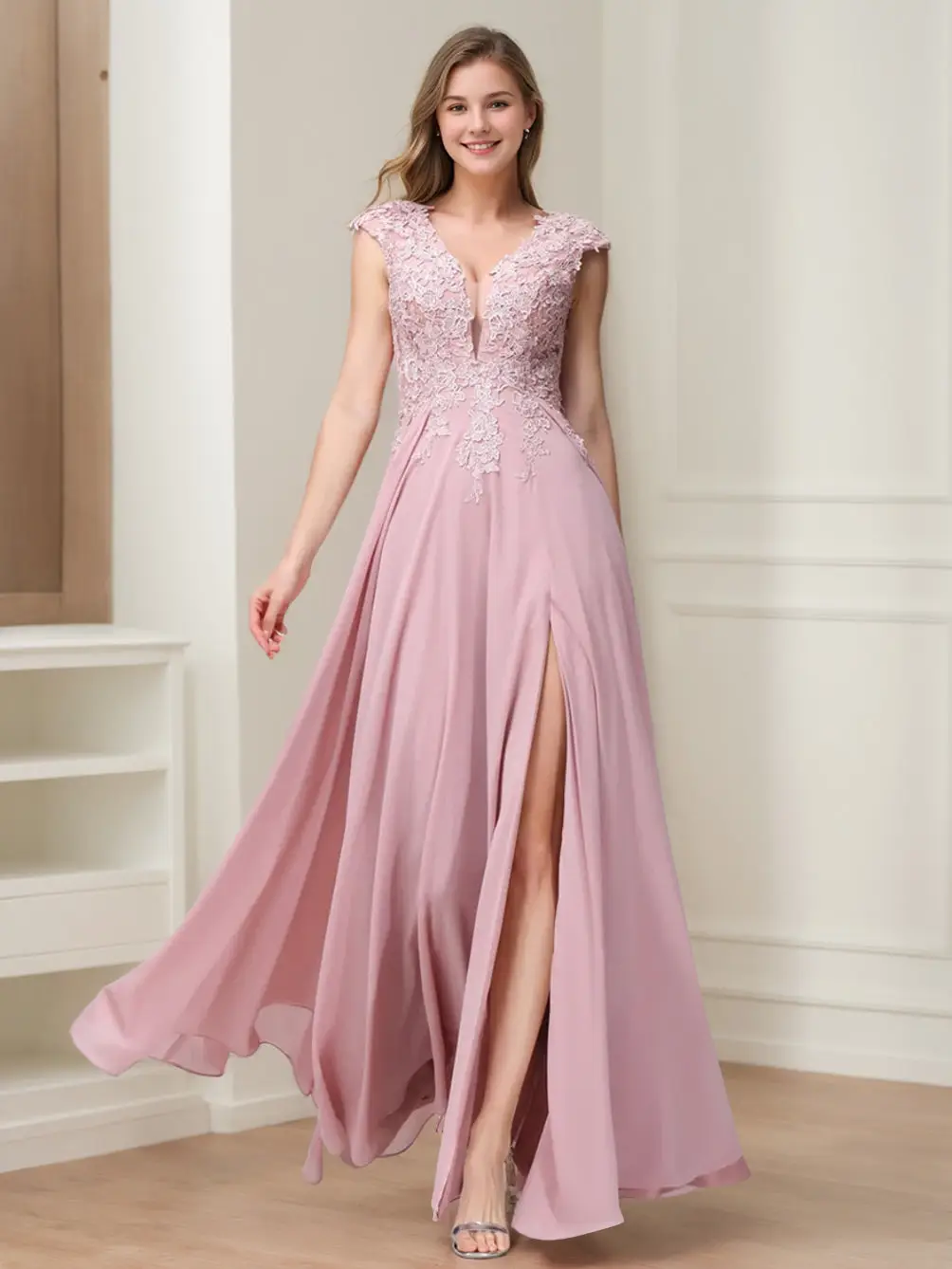 A-Line/Princess V-Neck Sleeveless Chiffon LongBridemaid Dresses With Applique Split Side — view 1