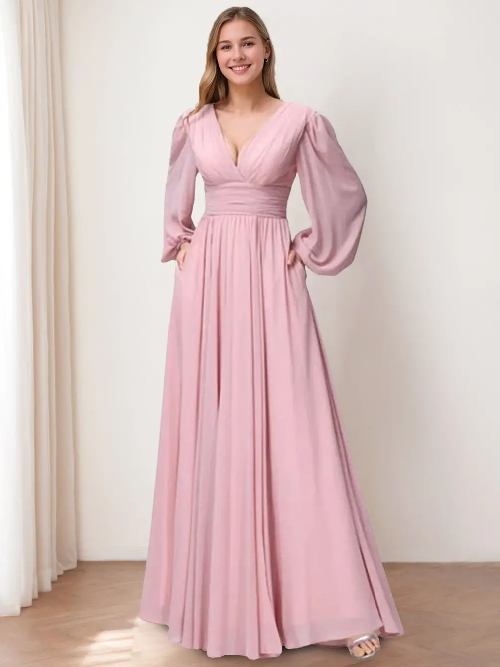 A-Line/Princess V-Neck Long Sleeves Floor-Length Bridemaid Dresses With Split Side & Pockets — view 1
