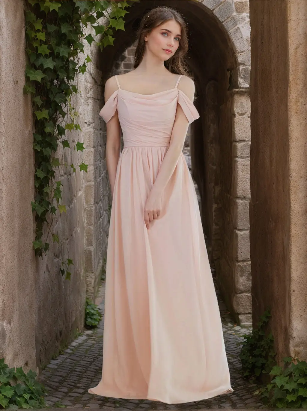 A-Line/Princess Spaghetti Straps Sleeveless Floor-Length Chiffon Bridesmaid Dresses with Ruffles — view 1