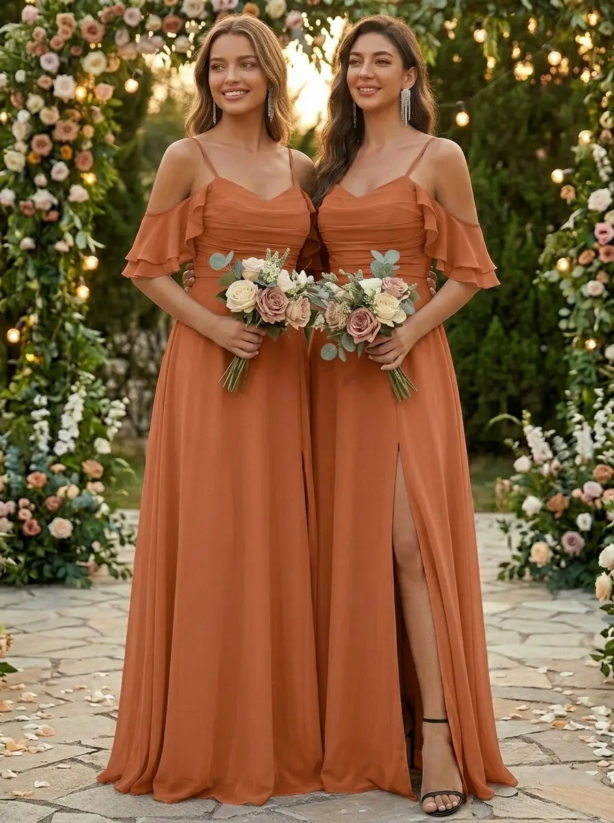 A-Line/Princess Spaghetti Straps Chiffon Bridesmaid Dresses with Split Side Short Sleeves Floor Length — view 1