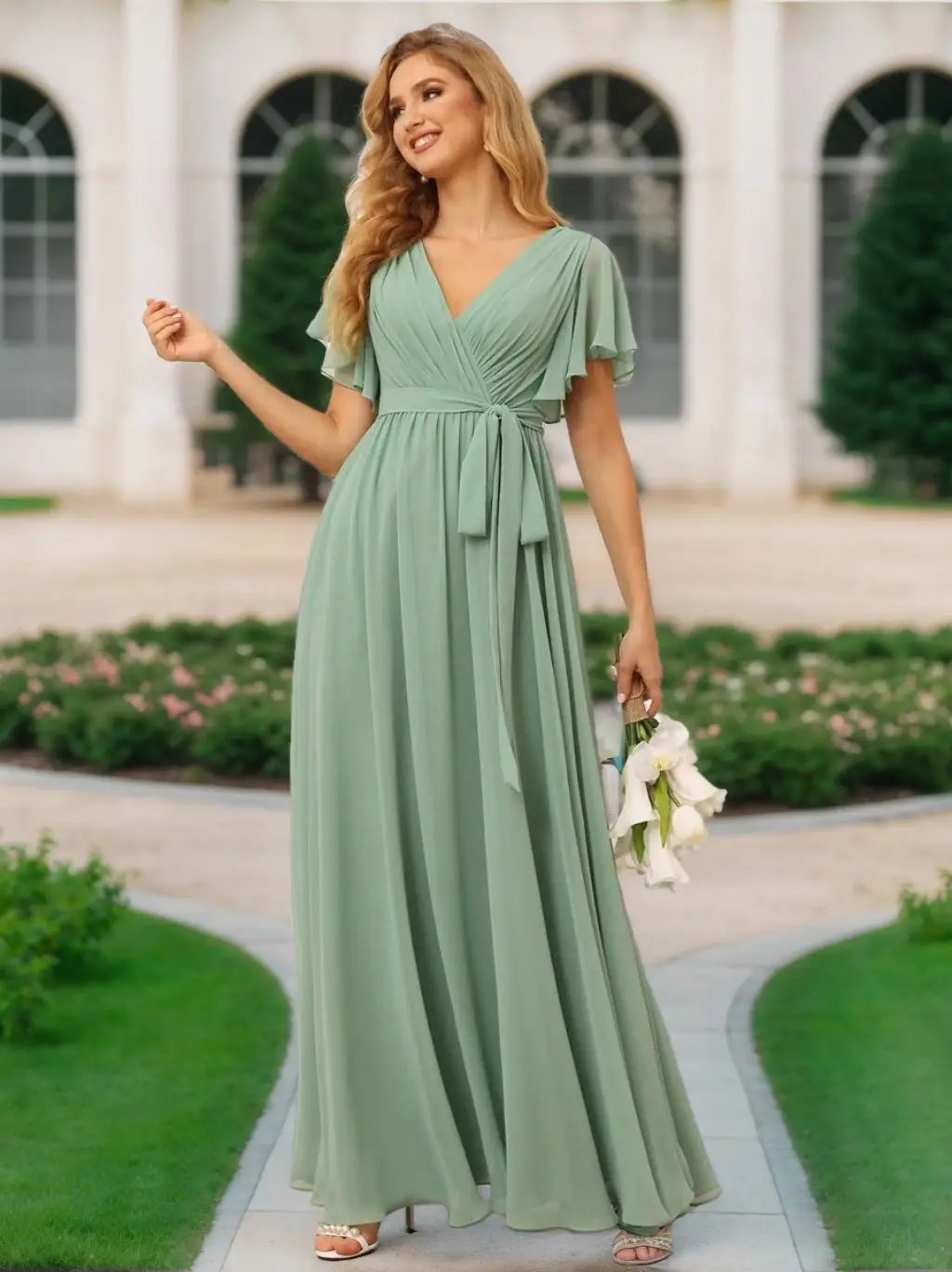 A-Line/Princess V-Neck Short Sleeves Floor-Length Bridesmaid Dresses with Sash — view 1