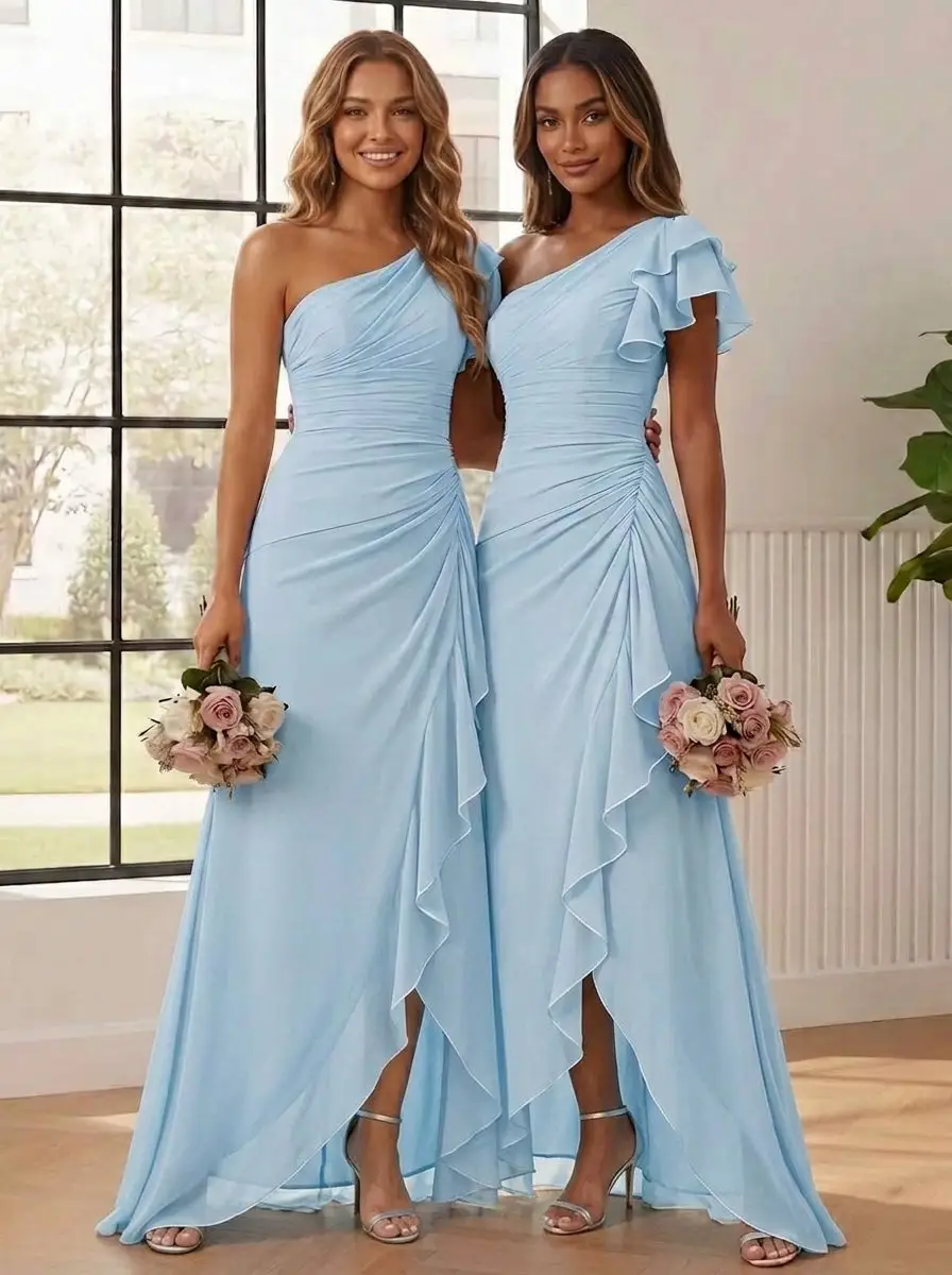 A-Line/Princess One-Shoulder Chiffon Bridesmaid Dresses Short Sleeve Asymmetrical Floor Length Ruffles — view 1