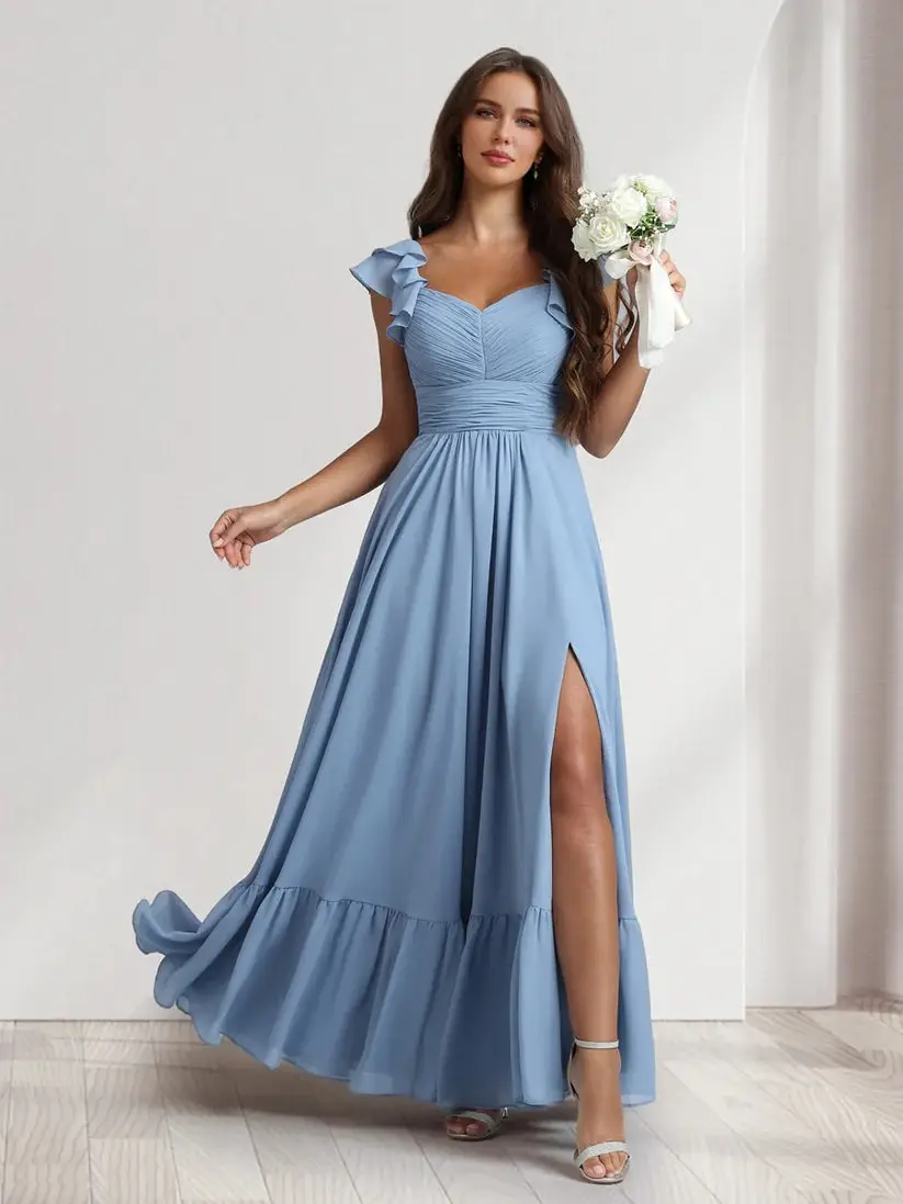 A-Line/Princess V-Neck Ankle-Length Bridesmaid Dresses With Ruffles & Split Side — view 1