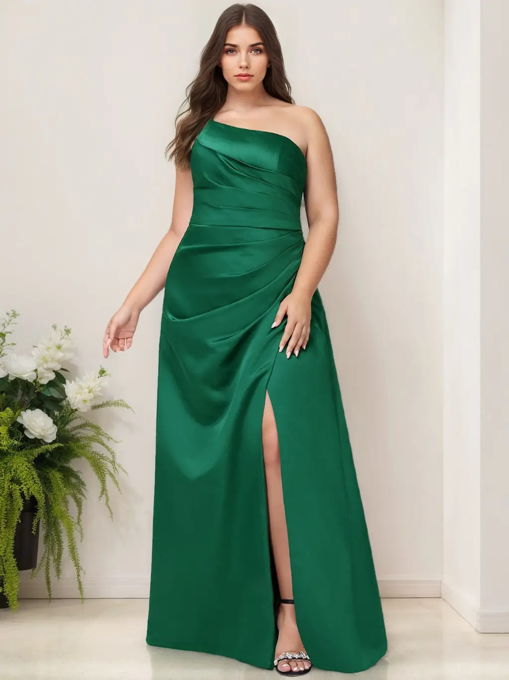 A-Line/Princess One-Shoulder Sleeveless Floor-Length Stretch Satin Plus Size Bridesmaid Dress With Ruffles & Split Side — view 1