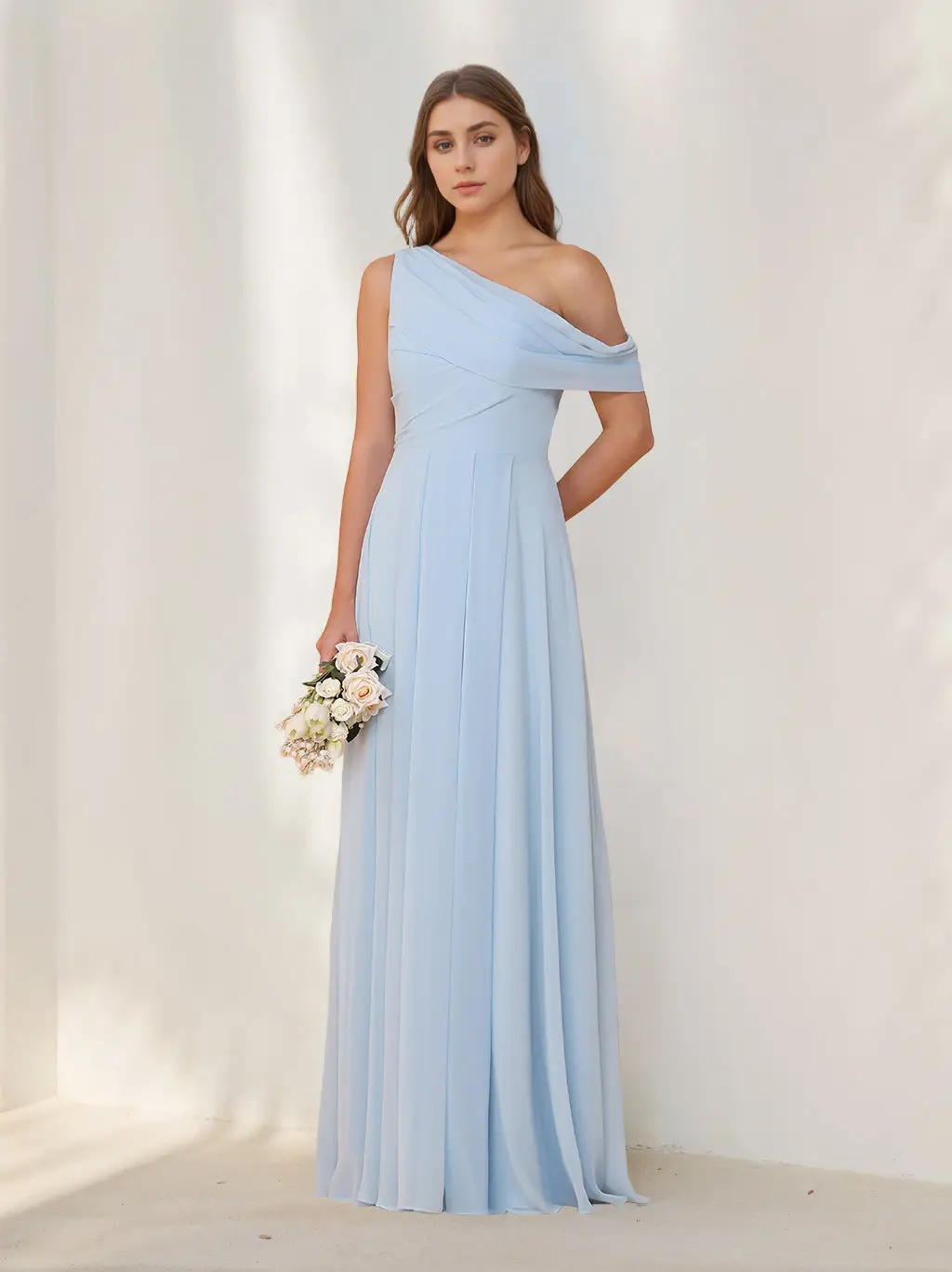 A-Line/Princess One-Shoulder Sleeveless Floor-Length Chiffon Bridesmaid Dresses with Watteau Train — view 1