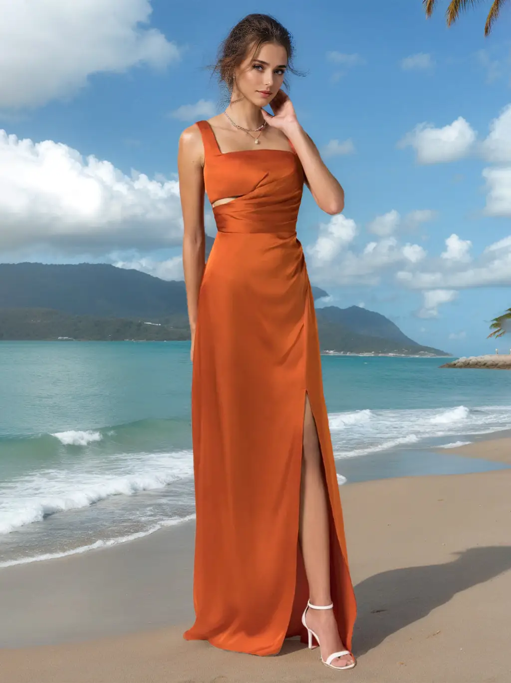 A-Line/Princess Square Neck Sleeveless Floor-Length Silk Satin Bridesmaid Dresses with Split Side — view 1