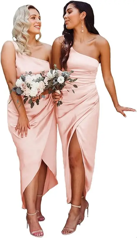 Sheath/Column High Low One Shoulder Sleeveless Ankle-Length Bridesmaid Dresses — view 1