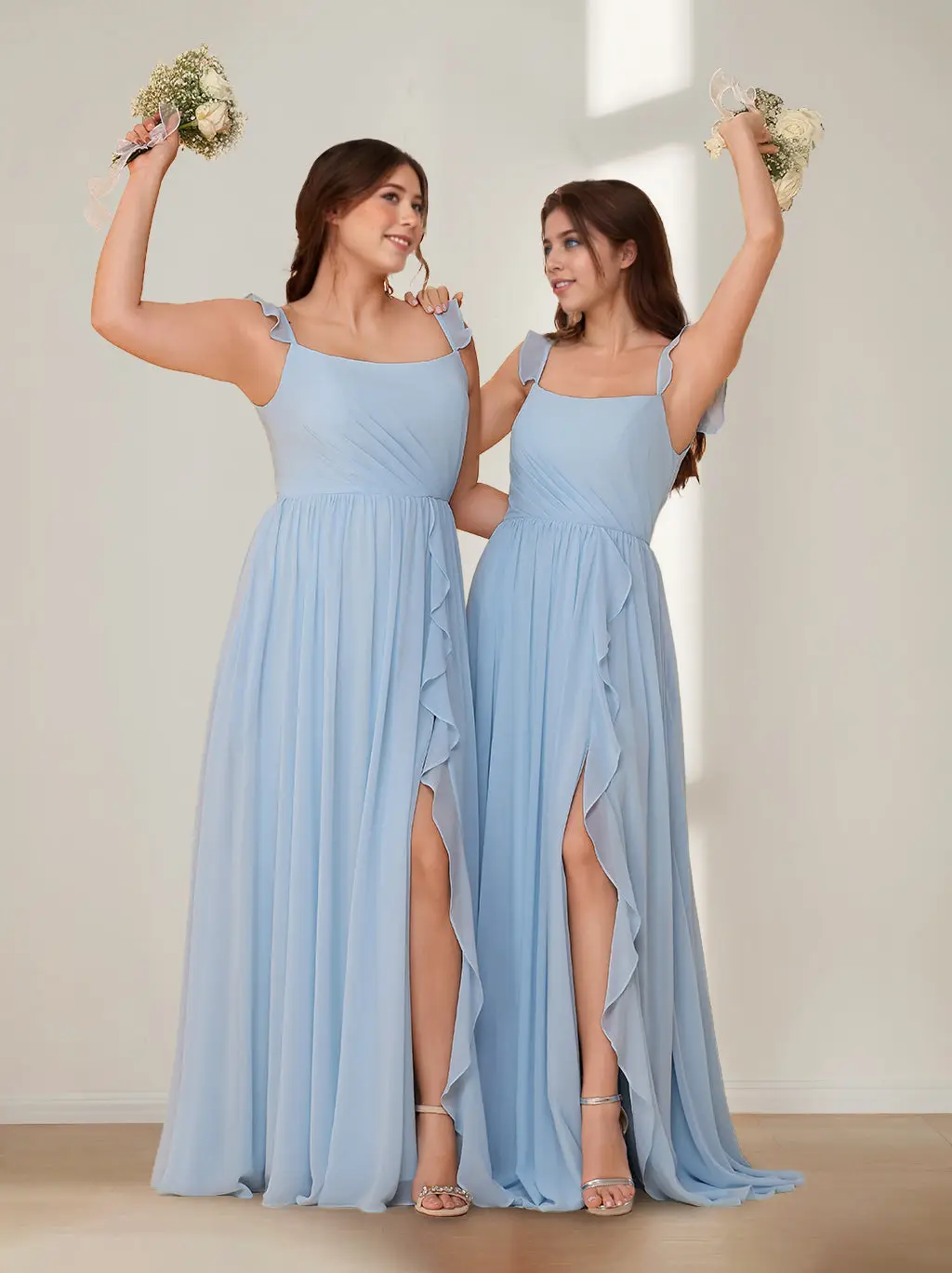 A-Line/Princess Square Neck Sleeveless Floor-Length Chiffon Bridesmaid Dresses with Split Side & Ruffles — view 1