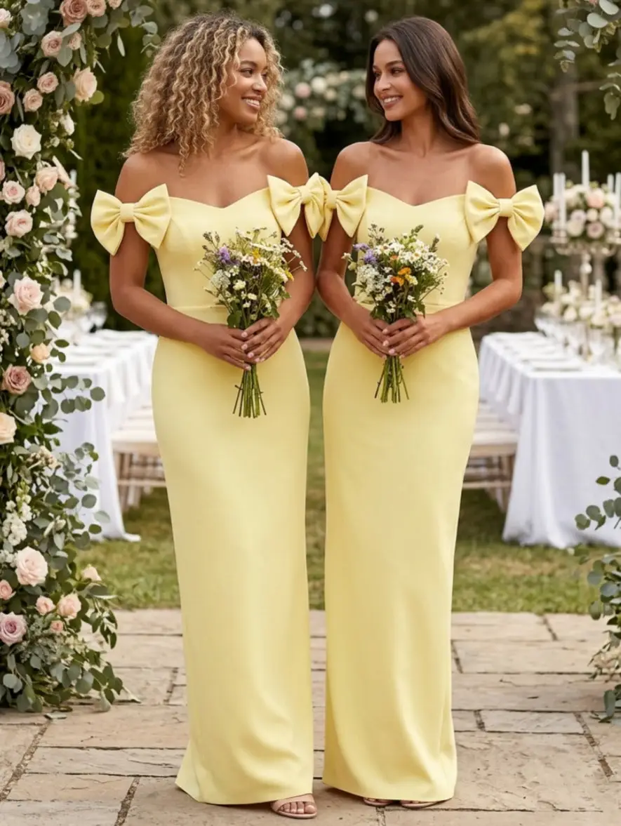 Sheath/Column Satin Off-the-Shoulder Bridesmaid Dresses with Bowknot Sleeveless Floor-Length — view 1