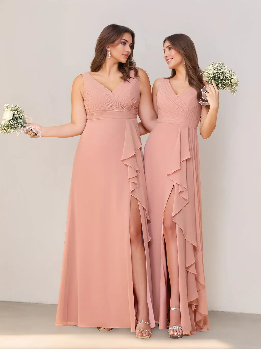 A-Line/Princess V-Neck Sleeveless Floor-Length Chiffon Bridesmaid Dresses with Ruffles & Split Side — view 1