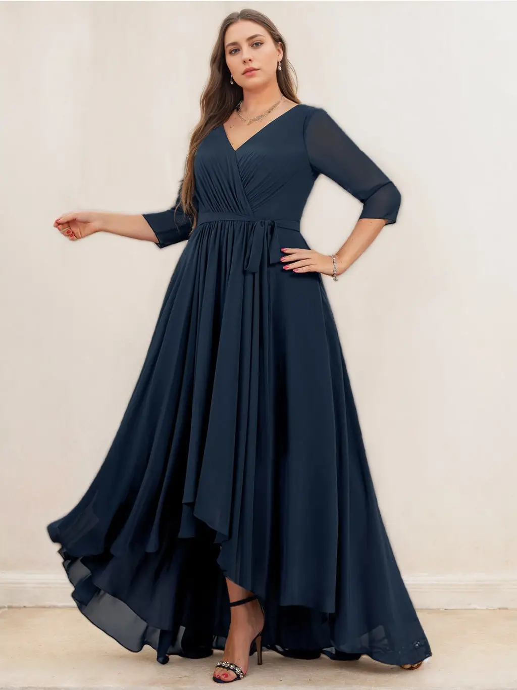 A-Line/Princess V-Neck Asymmetrical Chiffon Plus Size Bridesmaid Dresses with Pleated — view 1