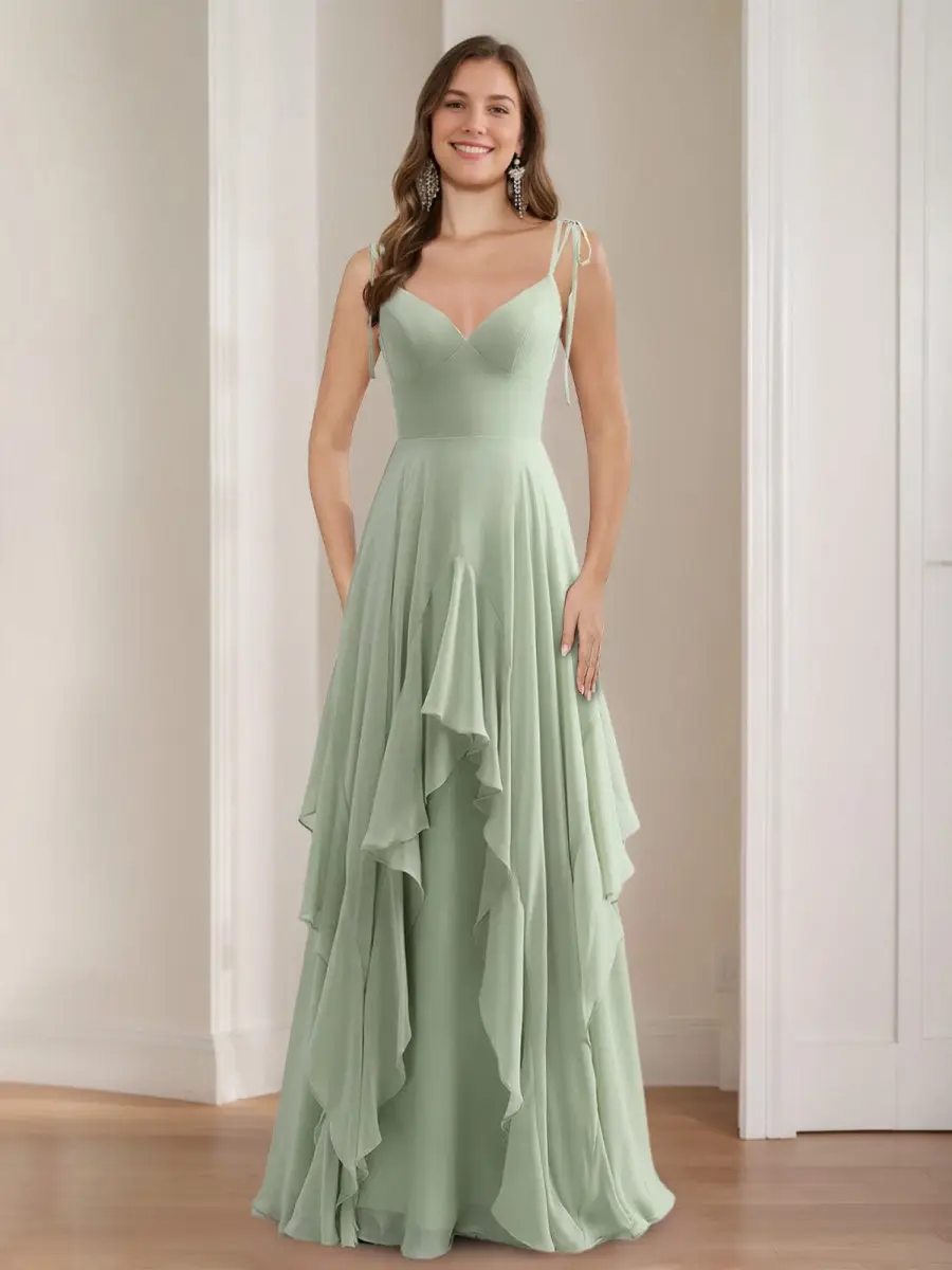 A-Line/Princess Spaghetti Straps Sleeveless Floor-Length Bridesmaid Dresses with Ruffles & Self-tie — view 1