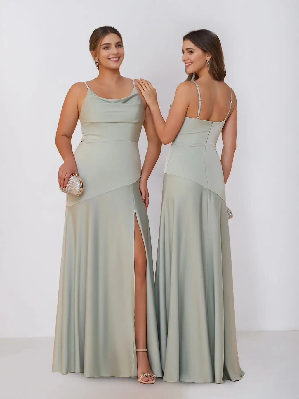 Sheath/Column Spaghetti Straps Cowl Neck Sleeveless Floor-Length Silk Satin Bridesmaid Dresses with Split Side — view 1