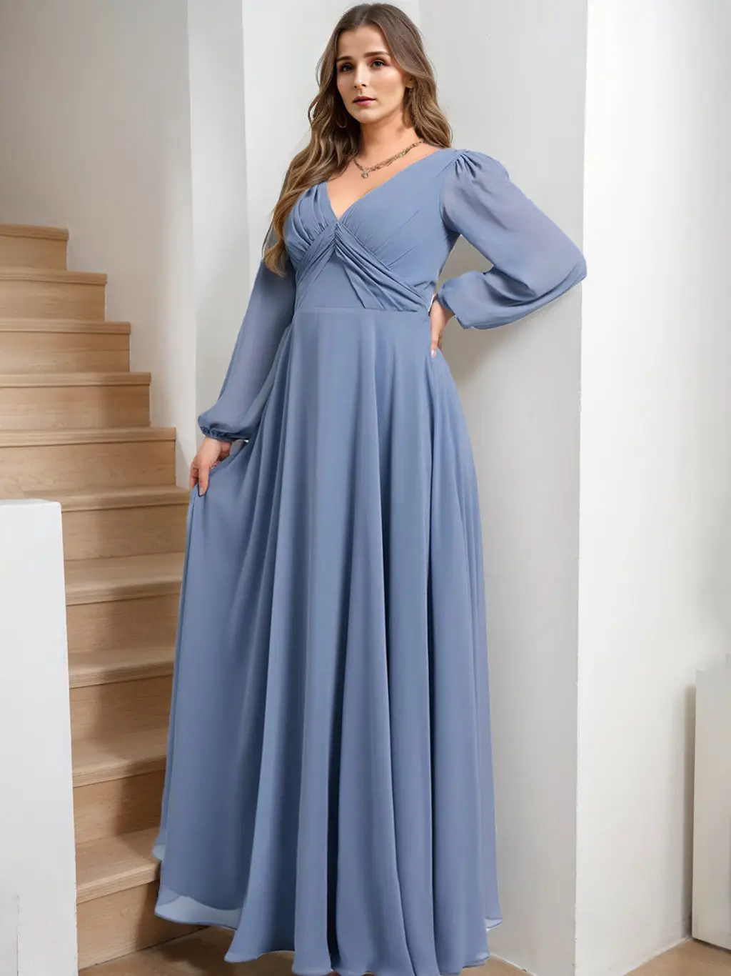 A-Line/Princess V-Neck Long Sleeves Floor-Length Chiffon Plus Size Bridesmaid Dresses with Ruffles — view 1
